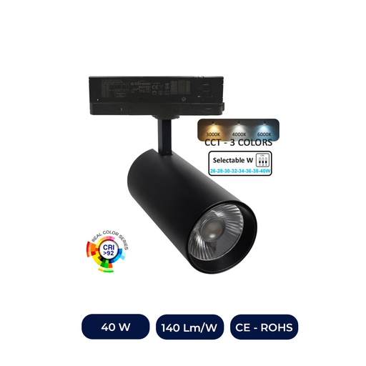[90849-CCT] Spot LED 40W - 26W Noir TRIPHASE Rail - CCT - CRI+92 - UGR13 - HAUTE LUMEN