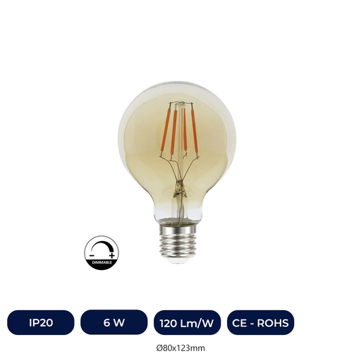 [700701] Ampoule LED Vintage Filament 6W E27 G80 Or - DIMABLE